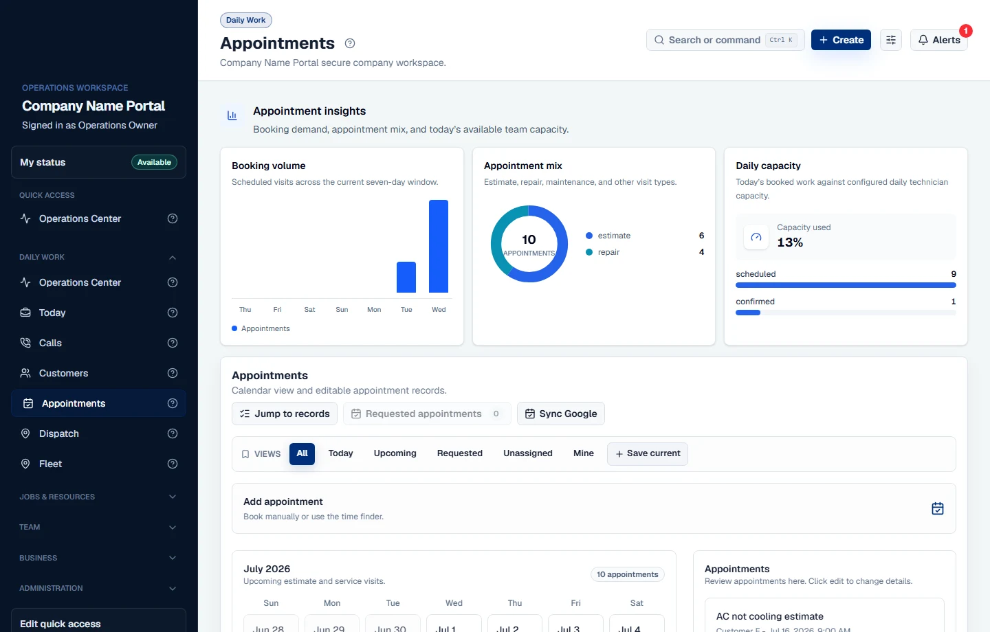 Sypher appointment calendar, capacity, and scheduling workspace